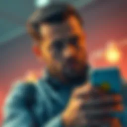 An investor looking worried while checking Dogecoin's value on a smartphone, showing signs of volatility and uncertainty in the crypto market.