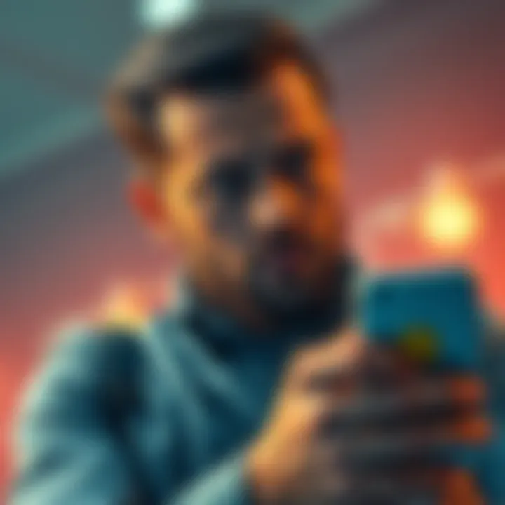 An investor looking worried while checking Dogecoin's value on a smartphone, showing signs of volatility and uncertainty in the crypto market.