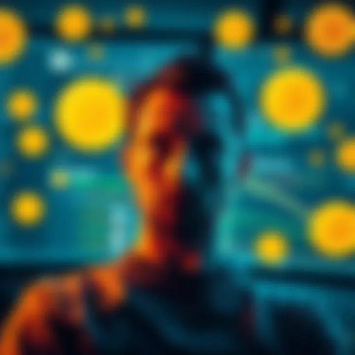 A person looking puzzled while looking at a computer screen showing a Bitcoin forum, surrounded by digital currency symbols.