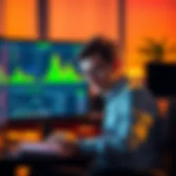 A worried investor sits at a computer, looking at crypto charts, contemplating their investment losses during a market downturn.