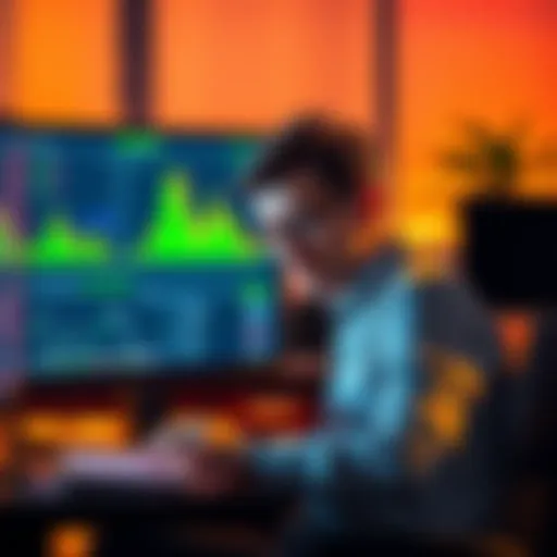 A worried investor sits at a computer, looking at crypto charts, contemplating their investment losses during a market downturn.