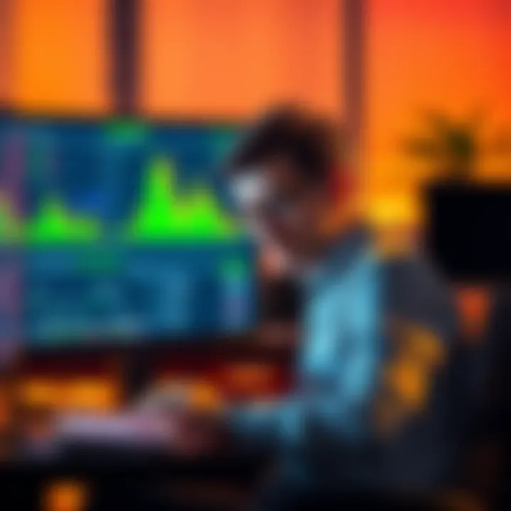 A worried investor sits at a computer, looking at crypto charts, contemplating their investment losses during a market downturn.