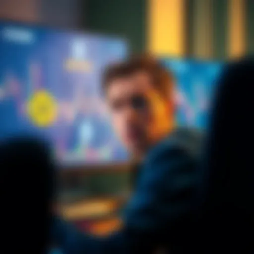 A person appears confused while looking at cryptocurrency charts on a computer screen, with Bitcoin and Ethereum logos visible.