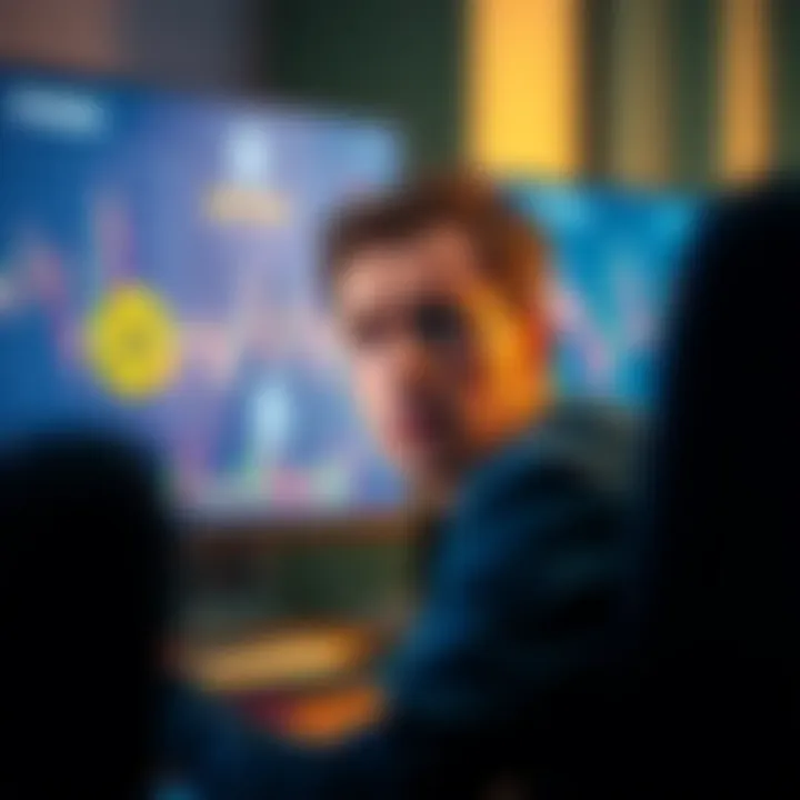 A person appears confused while looking at cryptocurrency charts on a computer screen, with Bitcoin and Ethereum logos visible.