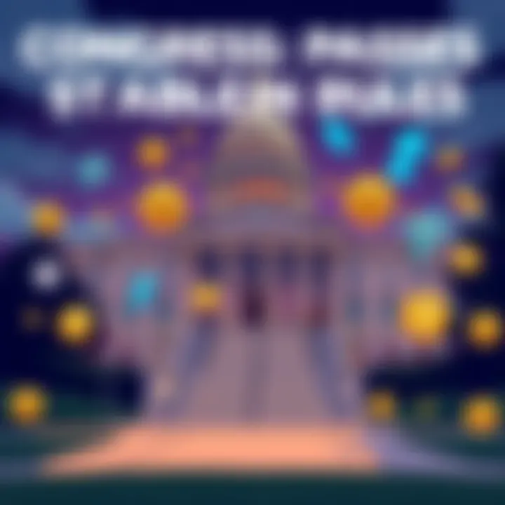 Illustration of Congress building with cryptocurrency symbols like Bitcoin and Tether around it, highlighting new regulations on stablecoins.