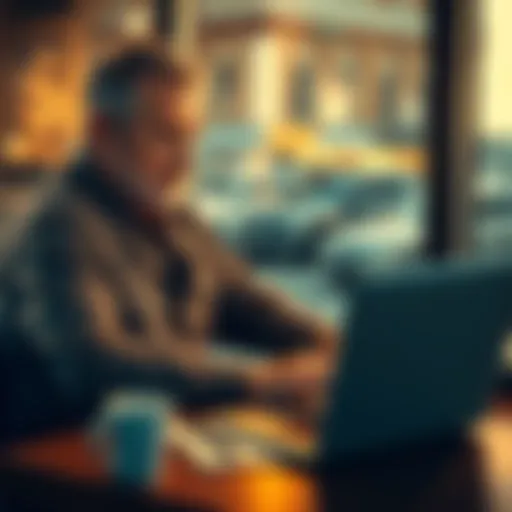 A man in casual clothes sitting at a table, using a laptop to share a political post on Facebook, with a thoughtful expression.