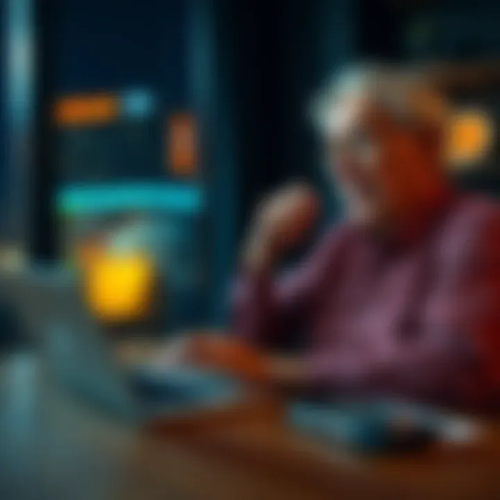 A 59-year-old person sits at a table with a laptop, contemplating a house down payment and Bitcoin investments, with a notepad and calculator.