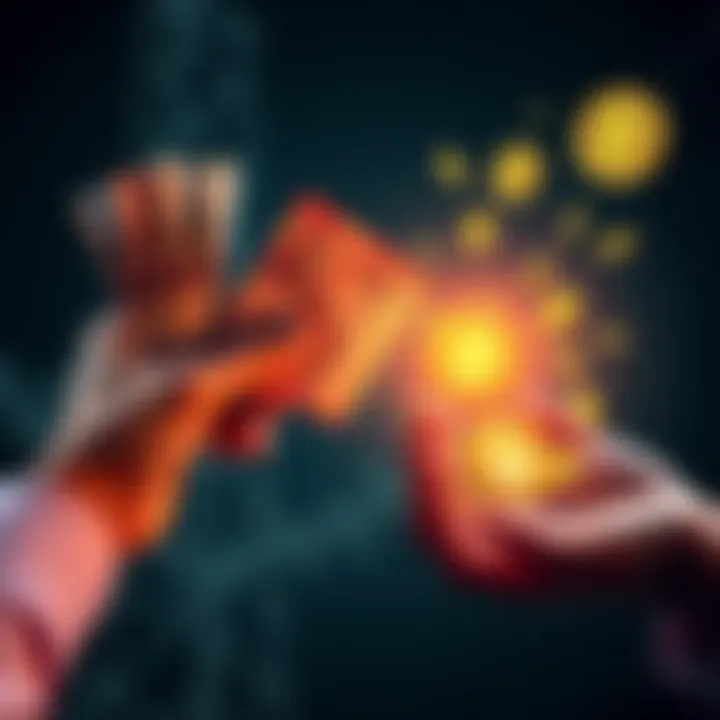 A graphic showing a person holding traditional banknotes in one hand and cryptocurrency icons in the other, representing financial control.