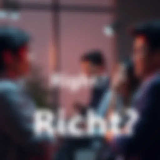 People engaging in a discussion with the word 'Right?' highlighted in the center.