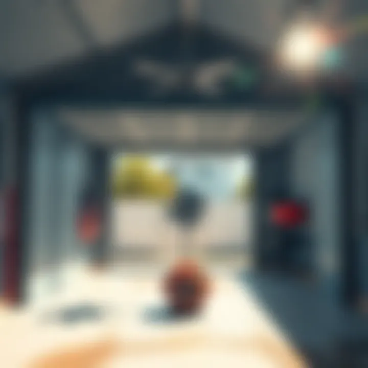 A well-ventilated garage with a fan and open doors to allow airflow, showing a bright sunny day outside.