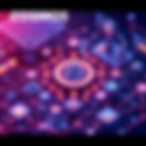 Illustration of the Cosmos blockchain as a central hub for institutional DeFi, showcasing various interconnected applications and symbols of finance.