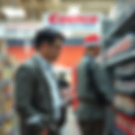 A First Amendment auditor discusses store policies with a Costco employee in a busy store aisle