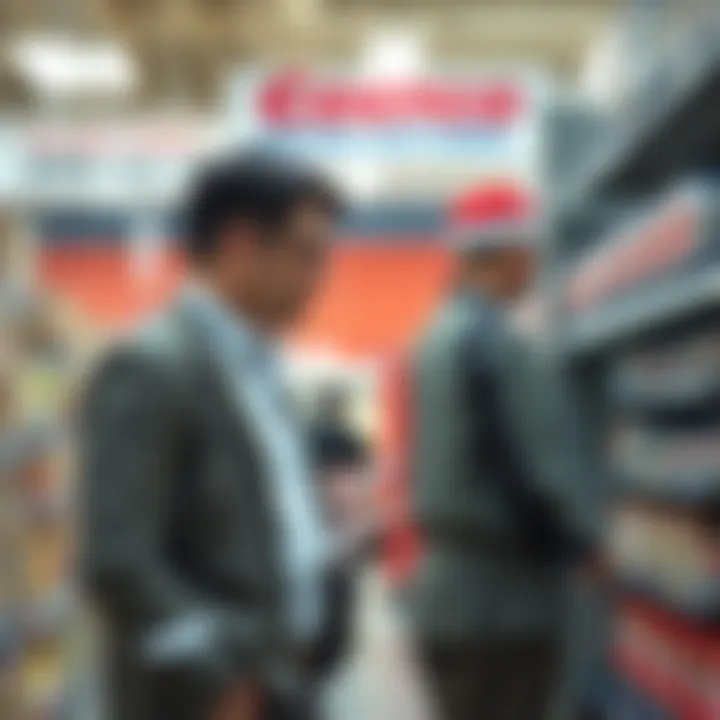 A First Amendment auditor discusses store policies with a Costco employee in a busy store aisle