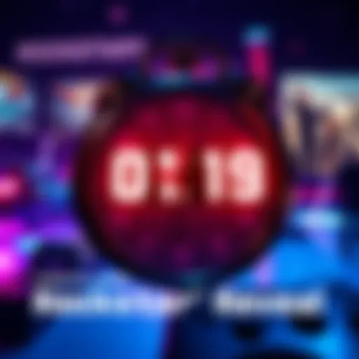 A clock counting down to a significant gaming event with gaming graphics in the background