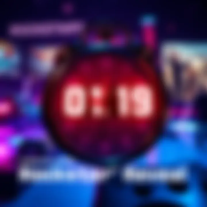 A clock counting down to a significant gaming event with gaming graphics in the background