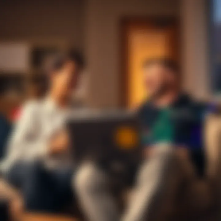 A husband and wife sitting on a couch, laughing and looking at a laptop with Bitcoin graphs on the screen, showcasing a lighthearted conversation about their crypto investments.
