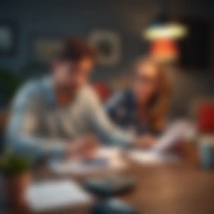 A worried husband and wife sit at a table, discussing the husband's plan to withdraw money from their 401K amidst economic concerns, with papers and a calculator in front of them.