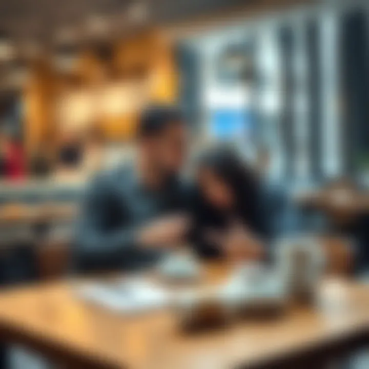 A couple sitting at a coffee shop, having a serious conversation about what they value in a partner, with a notebook and coffee cups on the table.