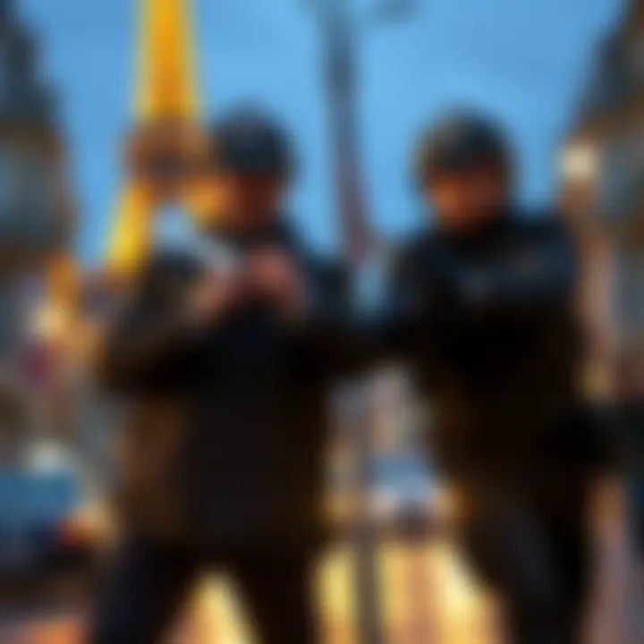 A French couple being threatened by two men dressed as police officers in Paris, depicting a robbery scene.