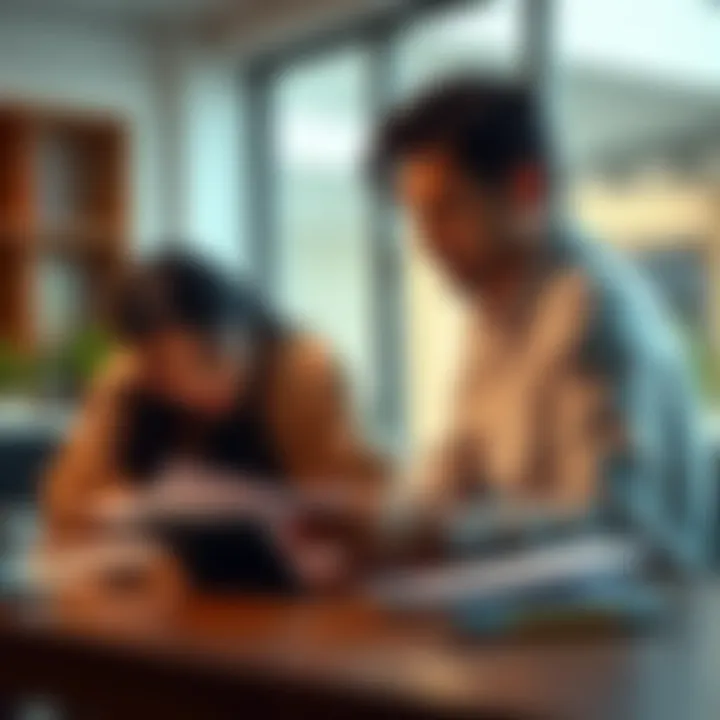 A couple sitting together at a table with documents and a calculator, discussing their financial situation with concern on their faces.