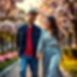 A couple holding hands while walking in a park, smiling at each other, surrounded by blooming flowers.