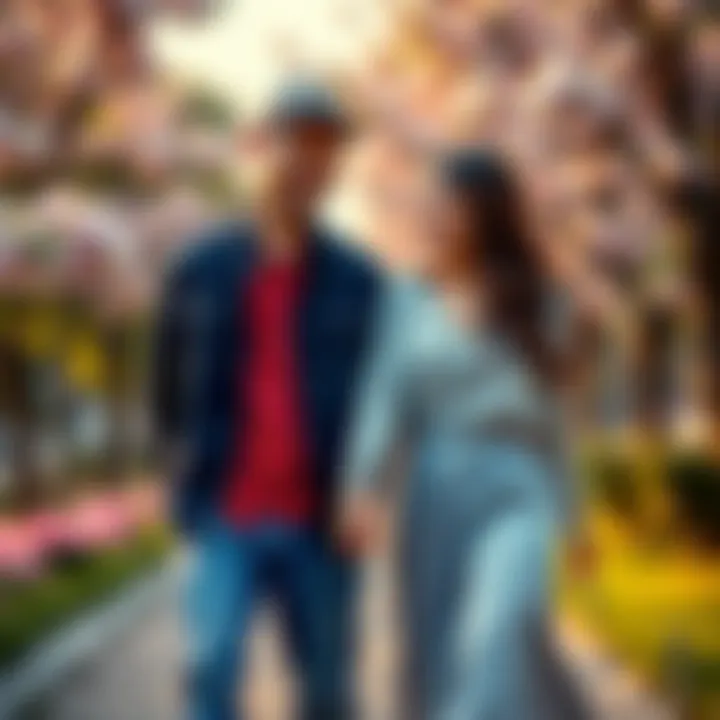 Couple Holding Hands A couple holding hands while walking in a park, smiling at each other, surrounded by blooming flowers.