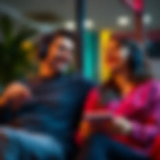 A man and a woman sitting together, listening to music through headphones, smiling and enjoying the moment.