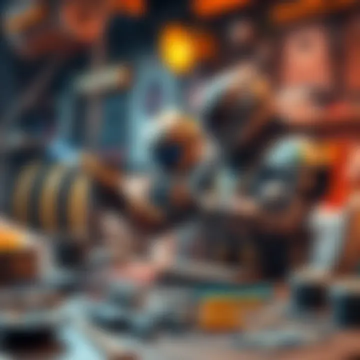A player uses a droid to speed up crafting in a game environment, showcasing tools and materials around.