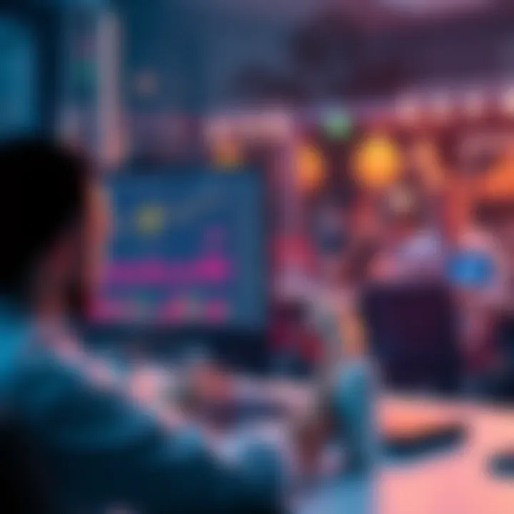 A person using a computer to create a token on Solana platform, with charts and symbols showing tokenomics, and a community aspect with people engaging online.