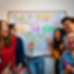 A group of diverse people laughing and filling in blanks on a giant quote board with colorful markers, enjoying a fun creative activity.