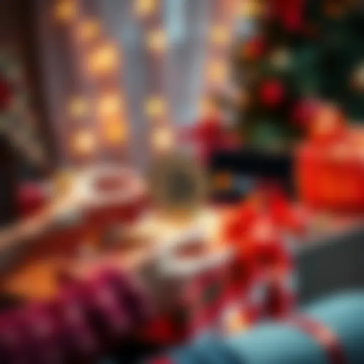 A person gifting Bitcoin using a paper wallet and a SatsCard, surrounded by festive decorations and a gift box.