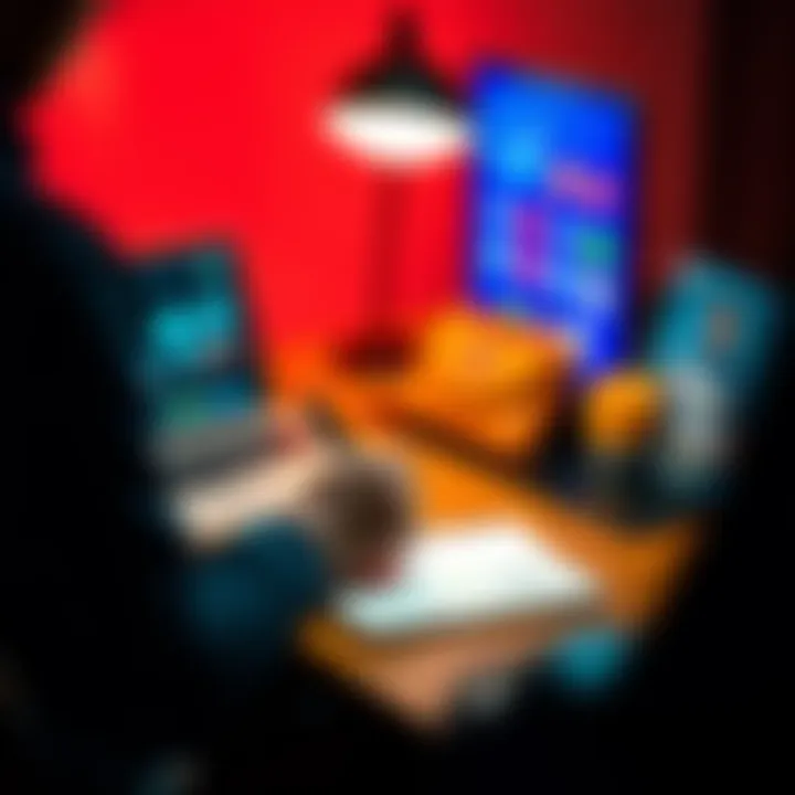 A person sitting at a desk, writing engaging captions on a notepad while using a laptop with social media icons on the screen