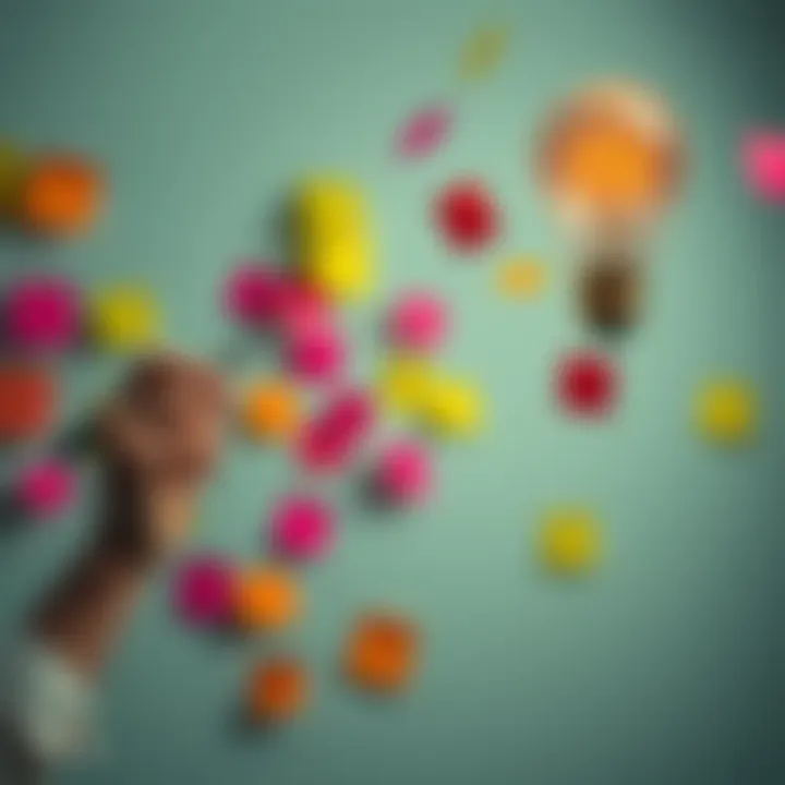 A person brainstorming with colorful sticky notes and a light bulb, symbolizing the transformation of dull ideas into innovative concepts.