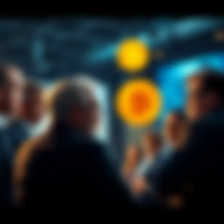 A group of investors debating Bitcoin's future, showing skepticism and concern about its price