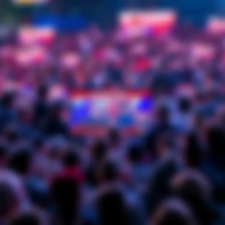 A large crowd gathered, showing shocked expressions while looking at screens displaying breaking news updates.