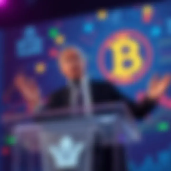 A crypto CEO speaking at a podium, emphasizing the impact of the Biden administration on the industry, with a backdrop of digital currency graphics.