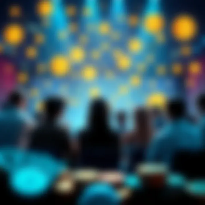 Crypto Discussion Thread A group of people discussing cryptocurrency tips with caution and focus on safety, surrounded by symbols of money and digital coins.