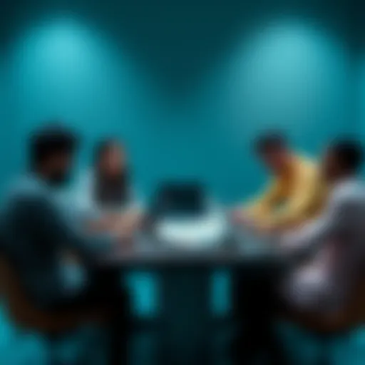 A diverse group of people sitting around a table, engaging in a lively discussion about cryptocurrency and its future, with laptops and charts on the table.
