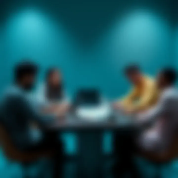 A diverse group of people sitting around a table, engaging in a lively discussion about cryptocurrency and its future, with laptops and charts on the table.