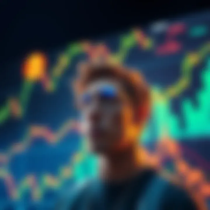 A person reflecting on their cryptocurrency journey with charts and graphs in the background, symbolizing market changes and personal growth.