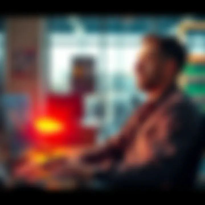 A man looks at a laptop screen displaying falling crypto charts, showing a look of disbelief. He is wearing a casual shirt, sitting in an office setting.