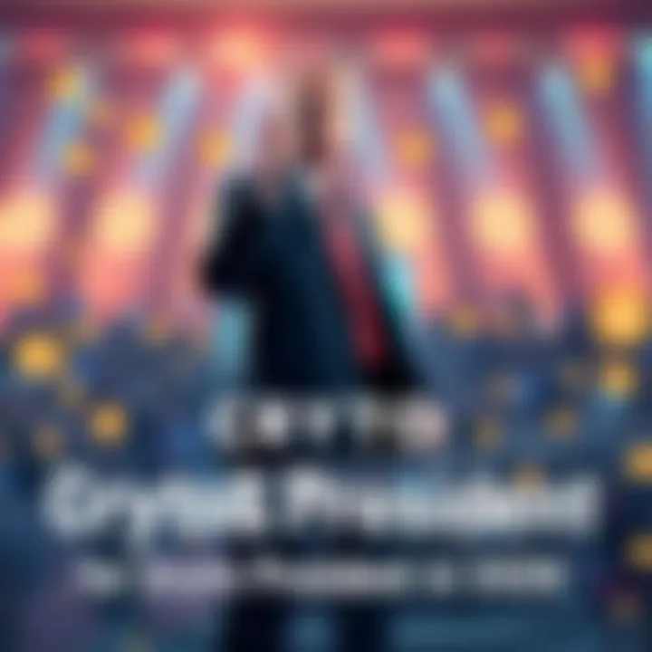 A futuristic depiction of a presidential campaign featuring digital currency symbols and a candidate standing confidently, blending politics and technology.
