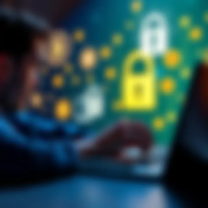 Crypto Security Tips A person reviewing cryptocurrency security tips on a laptop with Bitcoin symbols and a lock icon in the background.