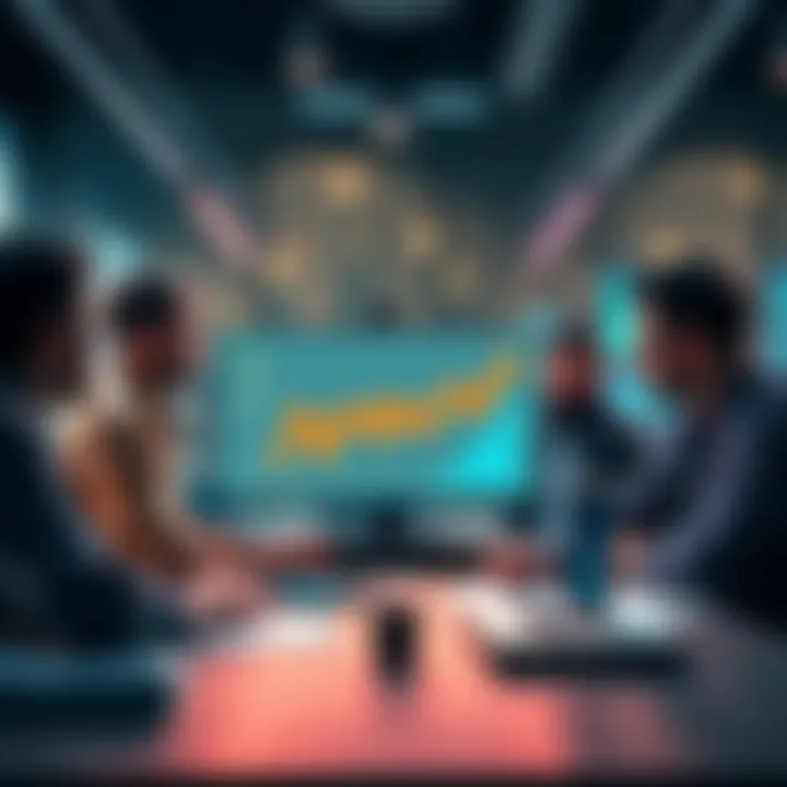 Crypto and AI Collaboration A group of crypto experts discussing AI technologies in an office setting, with charts and graphs on a screen.