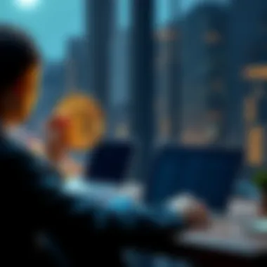 A person holding a Bitcoin symbol while sitting at a desk with a laptop, considering a loan option