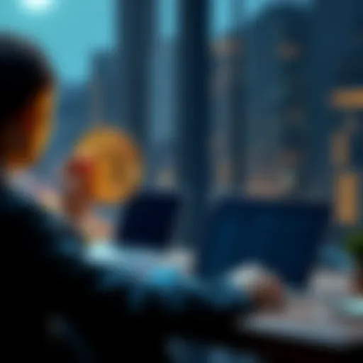 A person holding a Bitcoin symbol while sitting at a desk with a laptop, considering a loan option