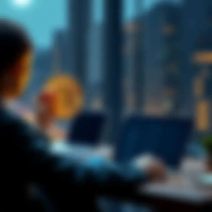 Crypto-backed loans concept A person holding a Bitcoin symbol while sitting at a desk with a laptop, considering a loan option