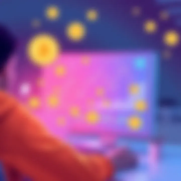 An illustration showing a person looking at a computer screen with cryptocurrency symbols and charts, symbolizing market research and learning.