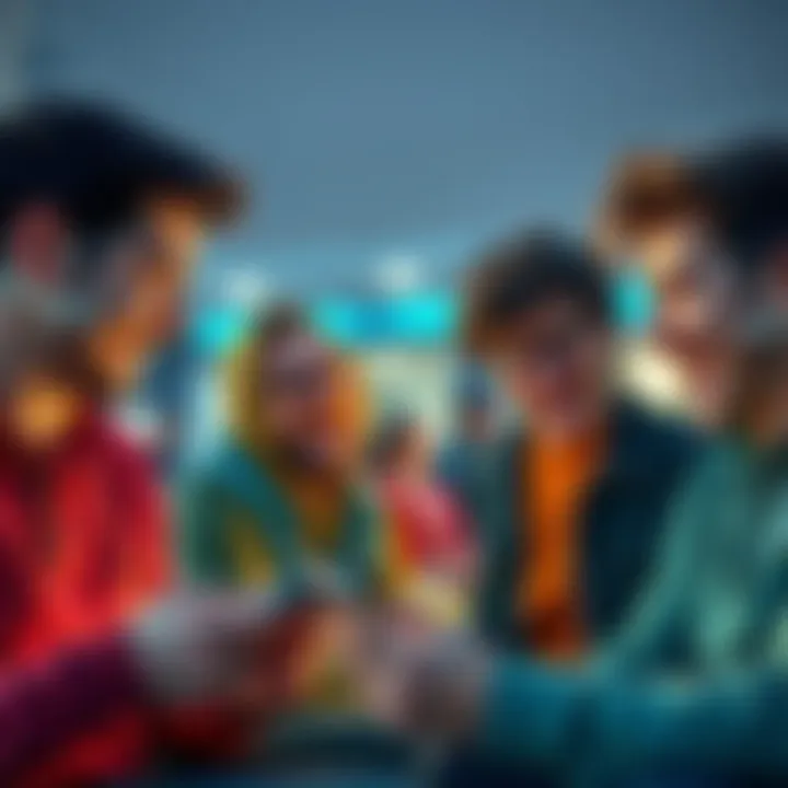 A group of young men sharing jokes and memes about cryptocurrency market swings, smiling and laughing together while looking at their phones.