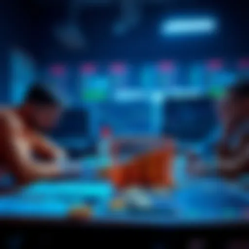 Group of people discussing cryptocurrency purchases with charts and digital coins on a table